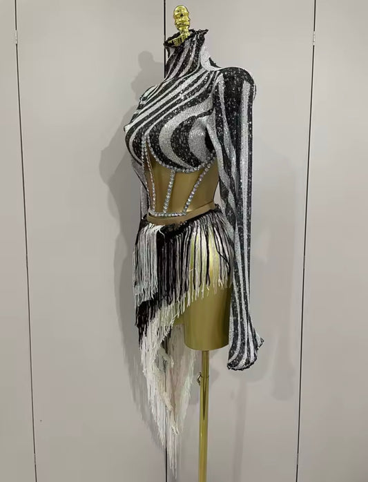 Zariah Crystal Noir Fringe Dress